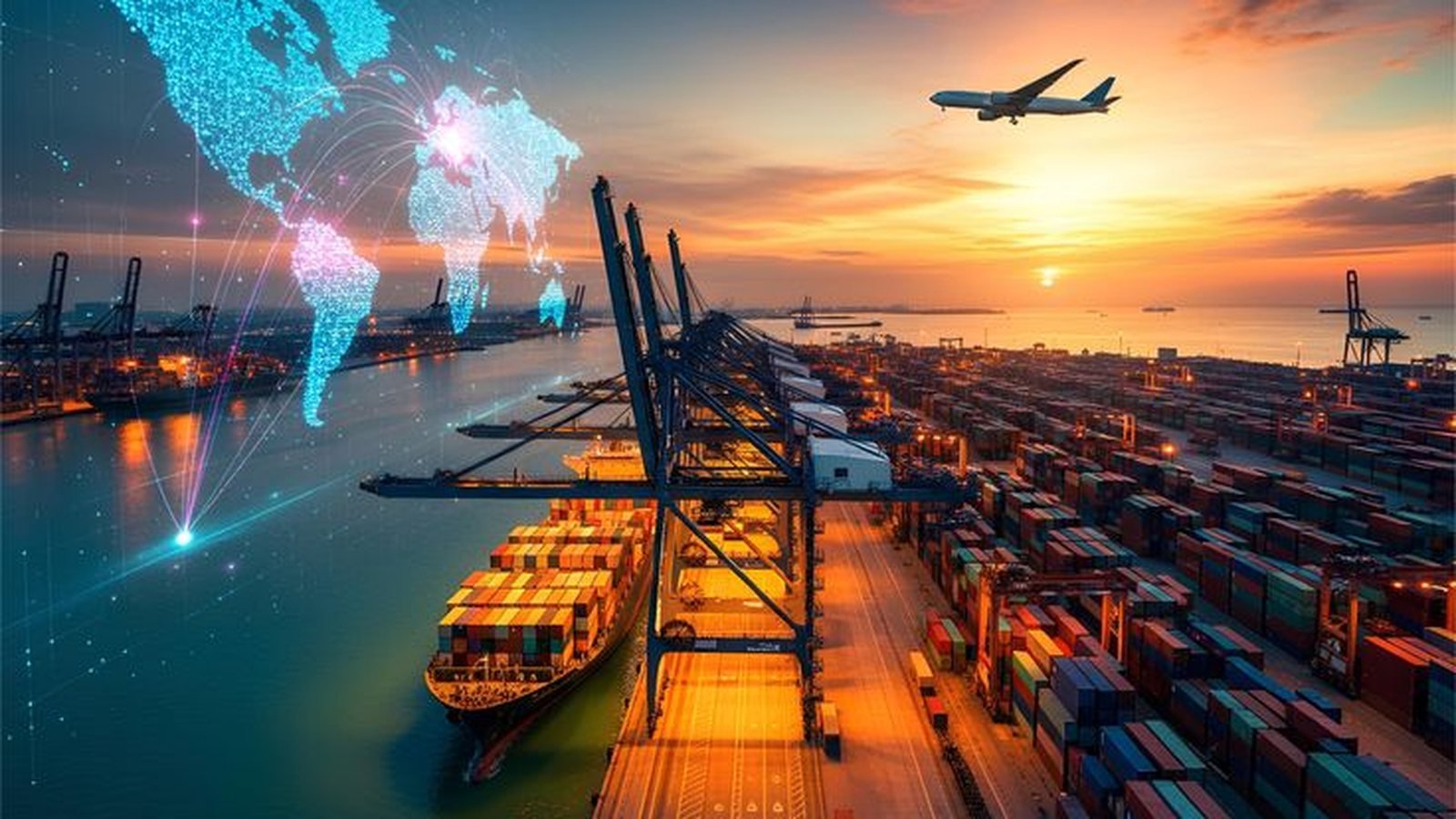 Terminal portuário com contêineres e conexões internacionais representadas em rede